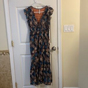 Anthropologie Patchwork Midi Dress in Blue and Brown